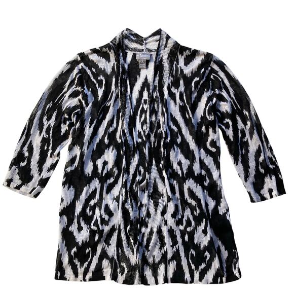 Chicos Linen Open Cardigan Sweater Size 1/M Abstract Black White - Picture 1 of 6